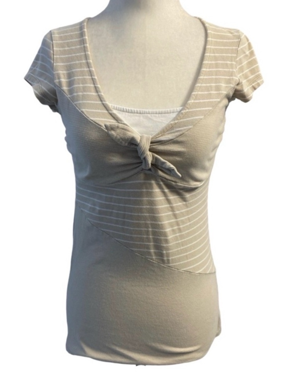 Smart Set Neutral Striped Knot Front Top Soft Beige Boho Fitted Tee Size Small - Picture 3 of 11